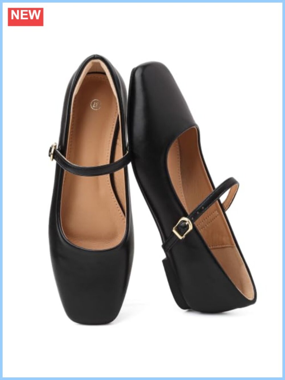 Womens Mary Jane Ballet Flats Square Toe Adjustable Strap Faux Leather Comfort